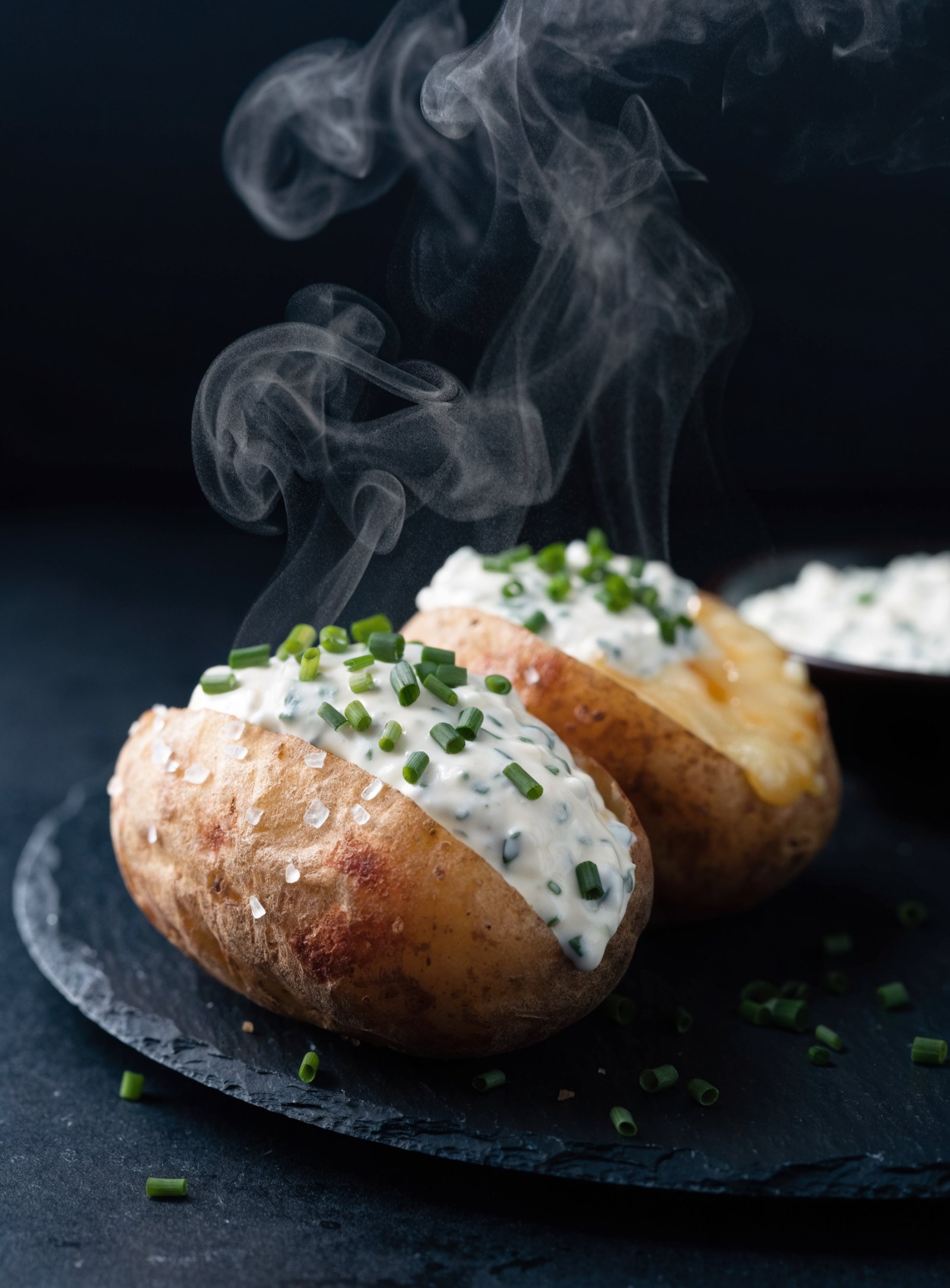 Zwei aufgeschnittene Ofenkartoffeln mit Hüttenkäse-Dip und Schnittlauch