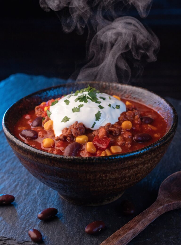High-Protein Chili con Carne mit Bohnen, Mais und Skyr in einer dunklen Schale